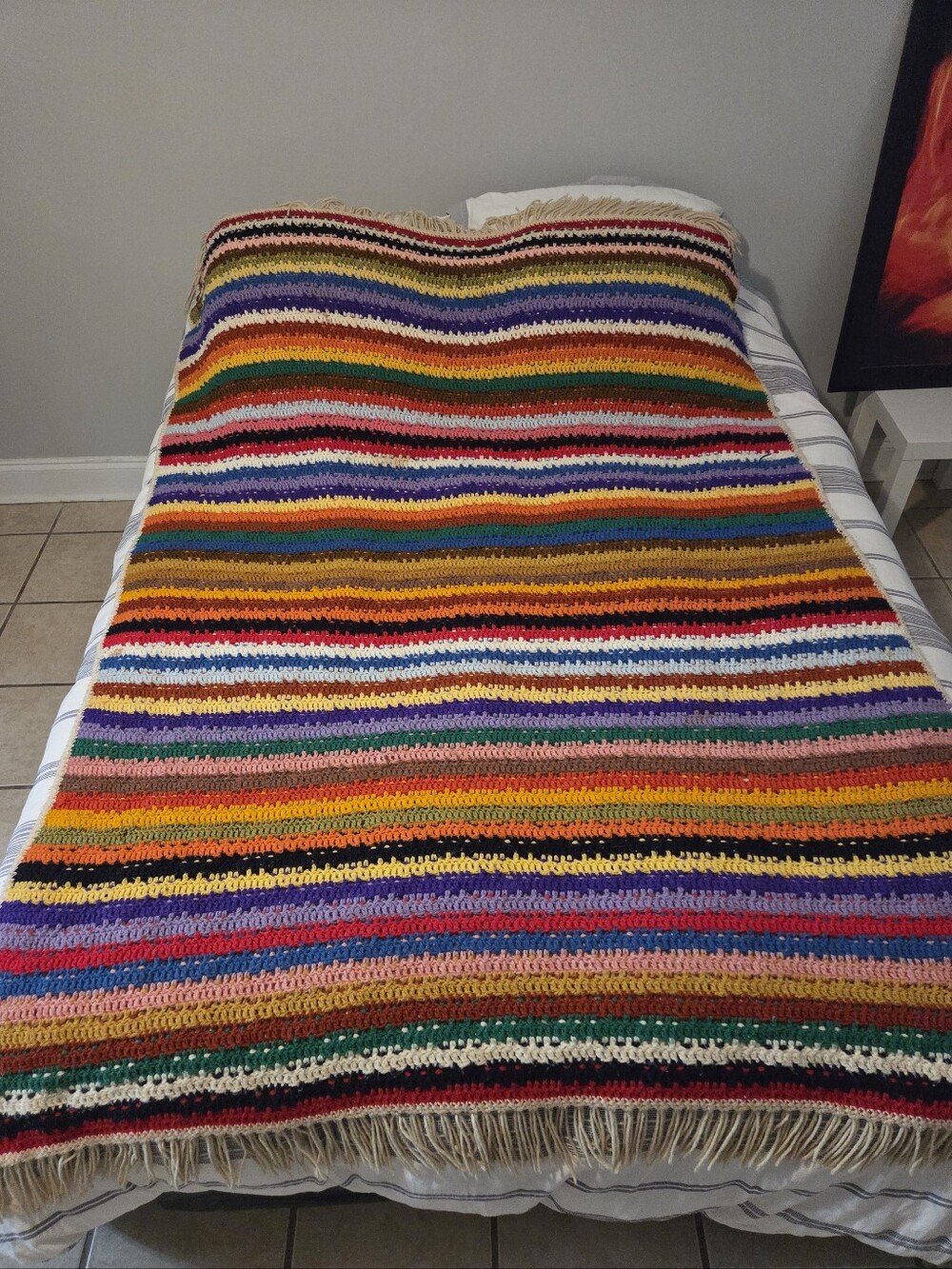 Vintage/Retro Handmade Multicolor Striped Crochet Throw Blanket Approx. 60"x80"